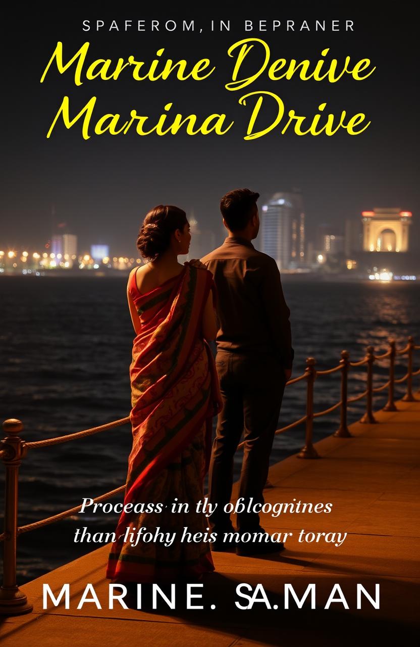 A romantic book cover featuring a woman wearing a colorful saree, standing elegantly with her back towards a man at Marine Drive in Mumbai