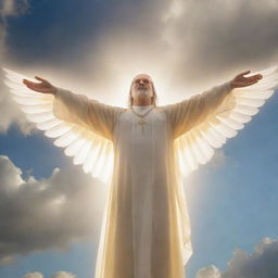 A majestic, translucent figure symbolizing the Holy Spirit, radiating warm light amidst a serene, cloudy sky backdrop.