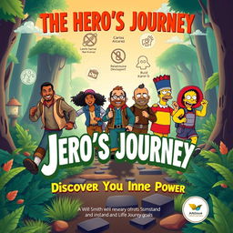 A vibrant and engaging front cover for a didactic programming course titled 'The Hero's Journey: Discover Your Inner Power'