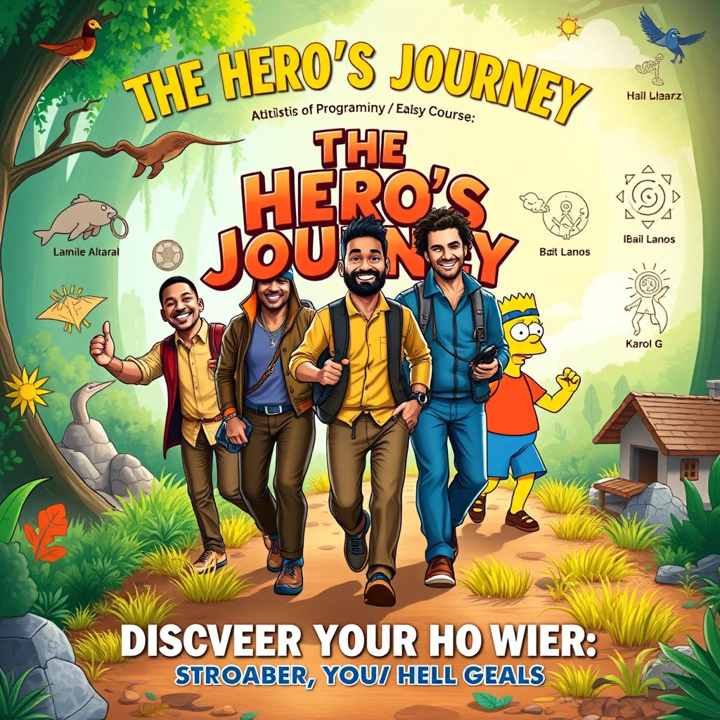 A vibrant and engaging front cover for a didactic programming course titled 'The Hero's Journey: Discover Your Inner Power'