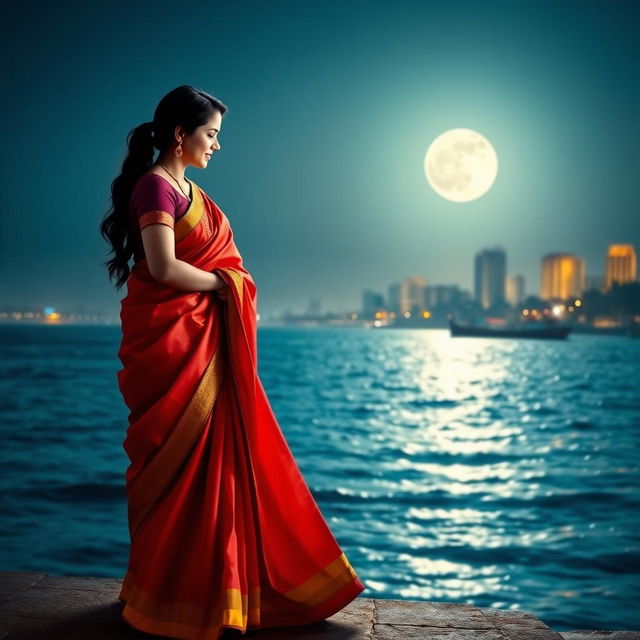 A romantic book cover depicting a woman in a vibrant saree and a man standing a few steps apart, gazing into each other's eyes in front of Marine Drive in Mumbai at night