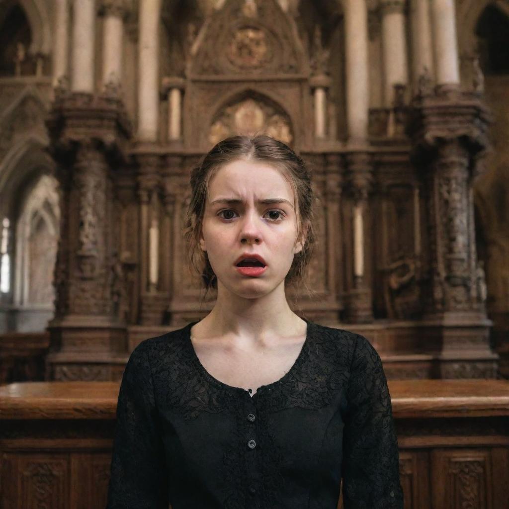 A portrait of an angry, expressive girl standing in front of an intricately detailed, gothic-style church altar.