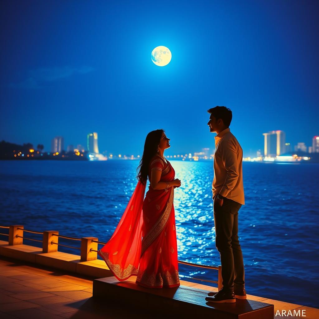 A romantic book cover depicting a woman in a vibrant saree and a man standing a few steps apart, gazing into each other's eyes in front of Marine Drive in Mumbai at night