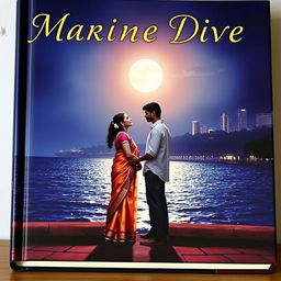 A romantic book cover depicting a woman in a vibrant saree and a man standing a few steps apart, gazing into each other's eyes in front of Marine Drive in Mumbai at night