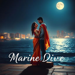 A romantic book cover depicting a woman in a vibrant saree and a man standing a few steps apart, gazing into each other's eyes in front of Marine Drive in Mumbai at night