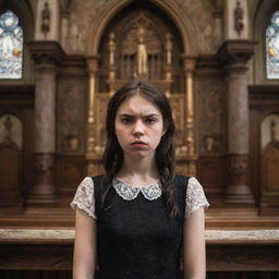 A portrait of an angry, expressive girl standing in front of an intricately detailed, gothic-style church altar.