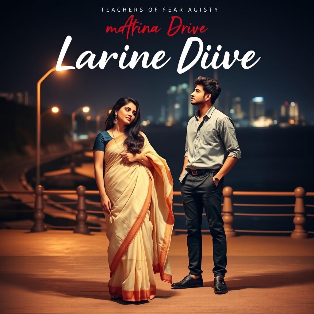 A romantic book cover featuring a woman dressed in a simple, elegant cotton saree, embodying her role as a teacher, standing a few steps away from a handsome man in a stylish shirt and pants