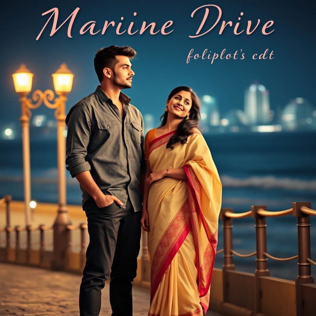 A romantic book cover featuring a woman dressed in a simple, elegant cotton saree, embodying her role as a teacher, standing a few steps away from a handsome man in a stylish shirt and pants