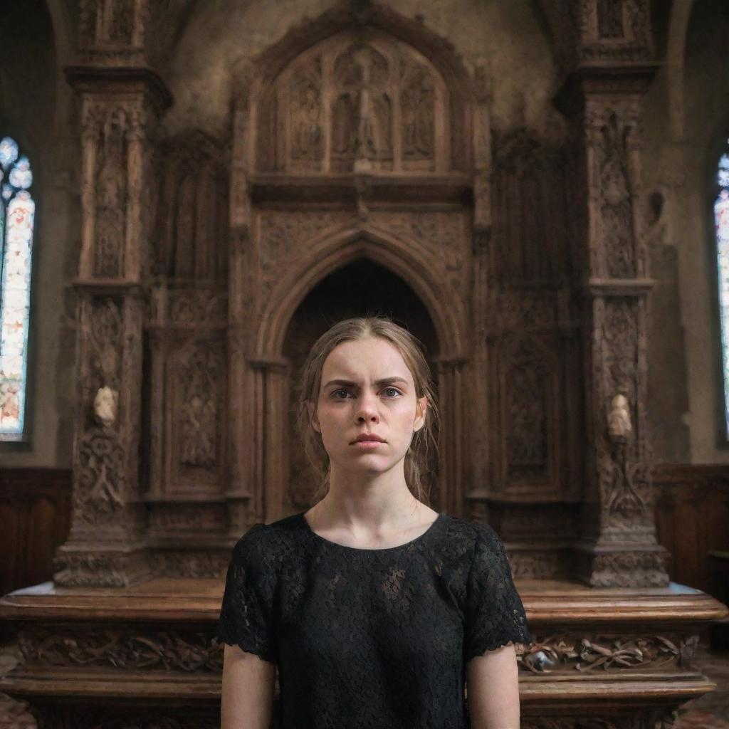 A portrait of an angry, expressive girl standing in front of an intricately detailed, gothic-style church altar.