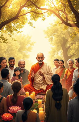 An artistic representation of socially engaged Buddhism, featuring a serene monk in traditional robes, mediating amidst a diverse community