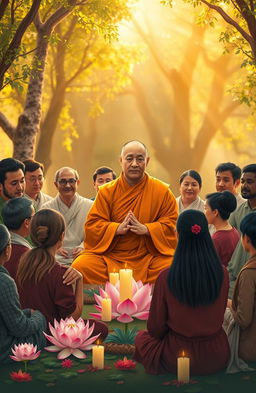 An artistic representation of socially engaged Buddhism, featuring a serene monk in traditional robes, mediating amidst a diverse community