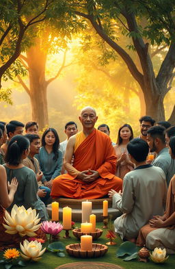 An artistic representation of socially engaged Buddhism, featuring a serene monk in traditional robes, mediating amidst a diverse community