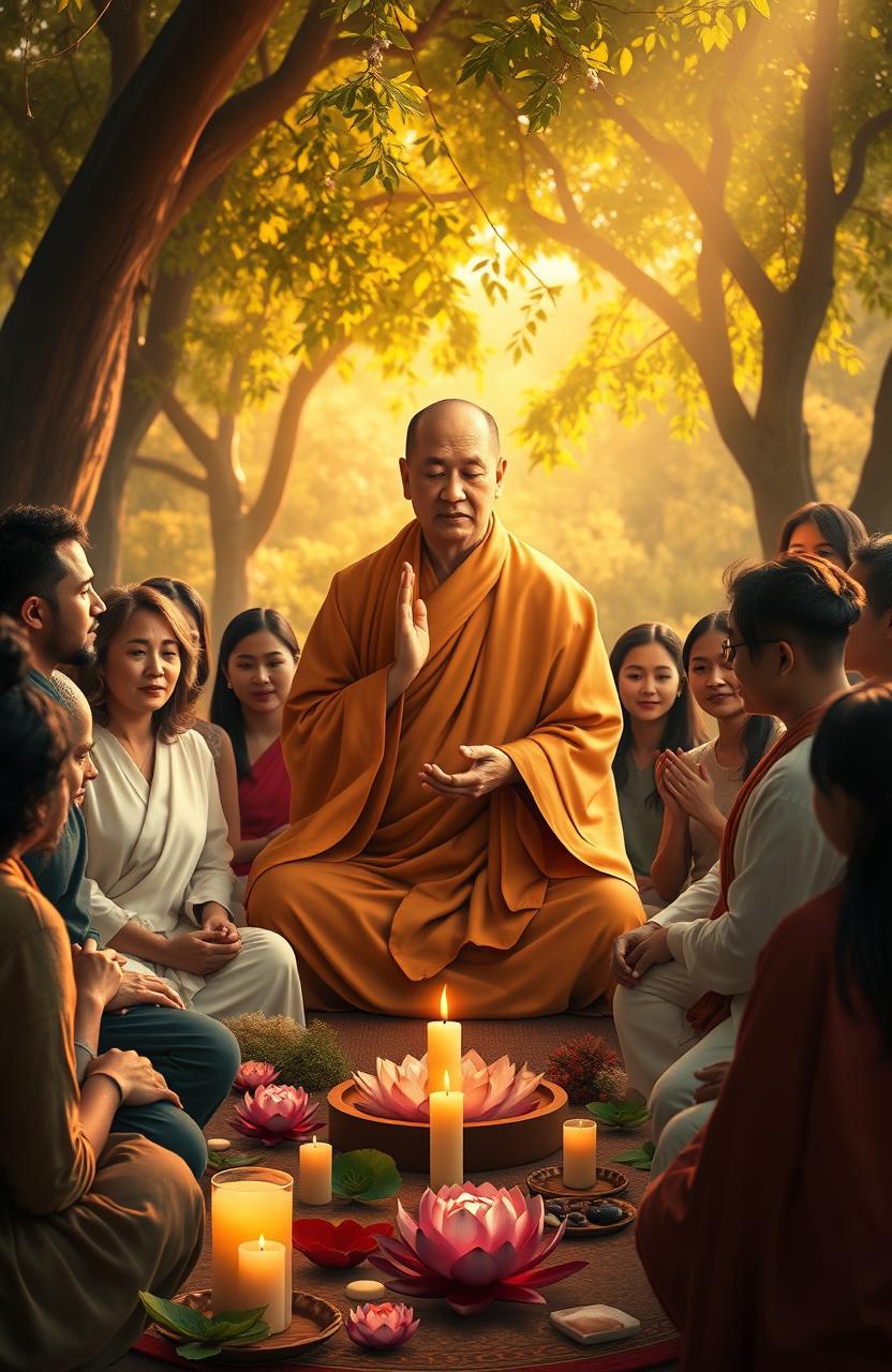 An artistic representation of socially engaged Buddhism, featuring a serene monk in traditional robes, mediating amidst a diverse community