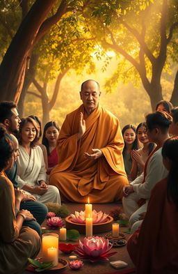 An artistic representation of socially engaged Buddhism, featuring a serene monk in traditional robes, mediating amidst a diverse community