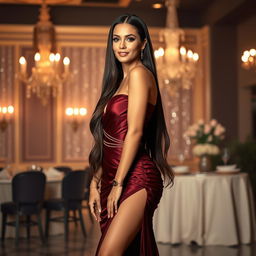 A beautiful and confident transgender woman with striking features, dressed in an elegant evening gown