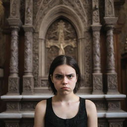 A portrait of an angry, expressive girl standing in front of an intricately detailed, gothic-style church altar.