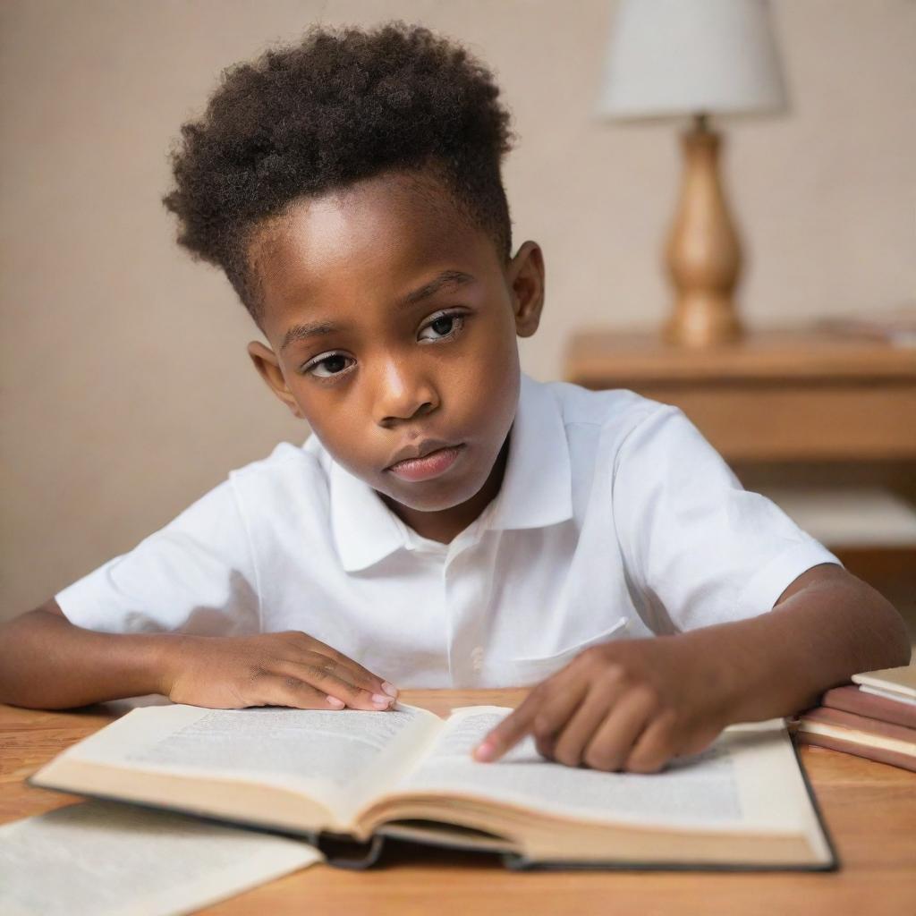 An African American boy in white clothing, sitting at a desk engrossed in reading a book. The image vibrates with curiosity, learning, and concentration. The background is warm and supportive, filled with items related to education.