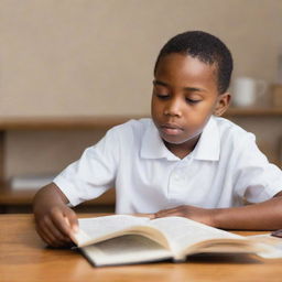 An African American boy in white clothing, sitting at a desk engrossed in reading a book. The image vibrates with curiosity, learning, and concentration. The background is warm and supportive, filled with items related to education.