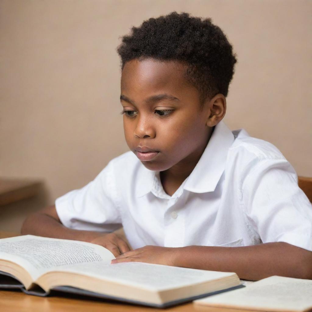 An African American boy in white clothing, sitting at a desk engrossed in reading a book. The image vibrates with curiosity, learning, and concentration. The background is warm and supportive, filled with items related to education.