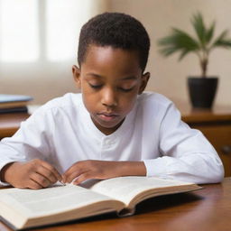 An African American boy in white clothing, sitting at a desk engrossed in reading a book. The image vibrates with curiosity, learning, and concentration. The background is warm and supportive, filled with items related to education.