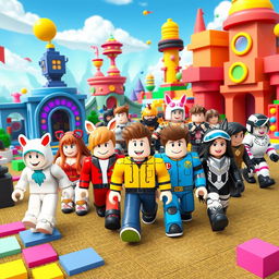 A vibrant and imaginative scene showcasing various Roblox user-generated content (UGC) character designs in a fantastical world