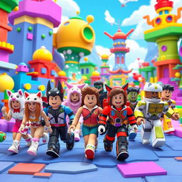 A vibrant and imaginative scene showcasing various Roblox user-generated content (UGC) character designs in a fantastical world