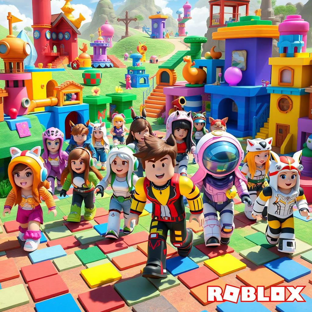 A vibrant and imaginative scene showcasing various Roblox user-generated content (UGC) character designs in a fantastical world