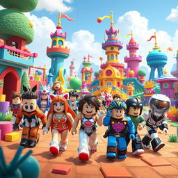 A vibrant and imaginative scene showcasing various Roblox user-generated content (UGC) character designs in a fantastical world