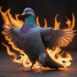 A majestic pigeon shrouded in lively, dancing flames. The fire doesn't harm the bird, but rather empowers it, giving it an ethereal glow. Its eyes shine like molten metal.