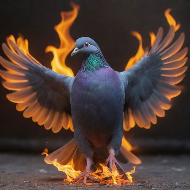 A majestic pigeon shrouded in lively, dancing flames. The fire doesn't harm the bird, but rather empowers it, giving it an ethereal glow. Its eyes shine like molten metal.