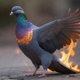 A majestic pigeon shrouded in lively, dancing flames. The fire doesn't harm the bird, but rather empowers it, giving it an ethereal glow. Its eyes shine like molten metal.