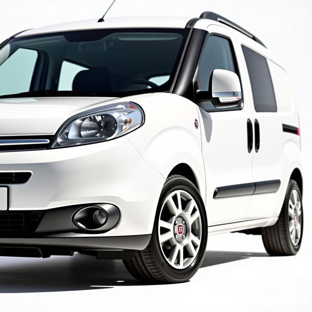 A striking Fiat Doblo vehicle in a pristine white finish, showcasing its modern design and sleek lines