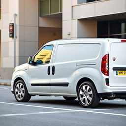 A striking Fiat Doblo vehicle in a pristine white finish, situated in an urban environment