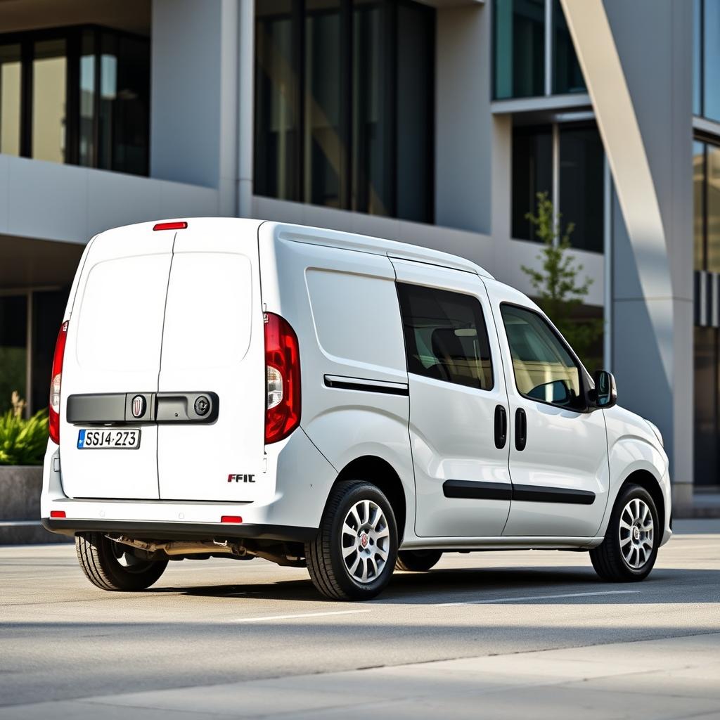 A striking Fiat Doblo vehicle in a pristine white finish, situated in an urban environment