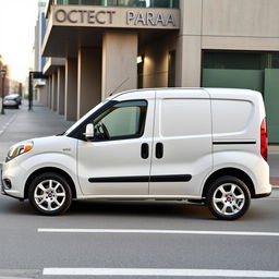 A striking Fiat Doblo vehicle in a pristine white finish, situated in an urban environment