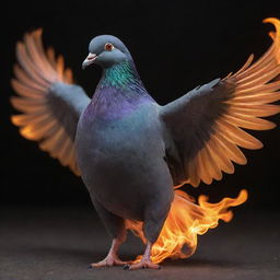 A majestic pigeon shrouded in lively, dancing flames. The fire doesn't harm the bird, but rather empowers it, giving it an ethereal glow. Its eyes shine like molten metal.