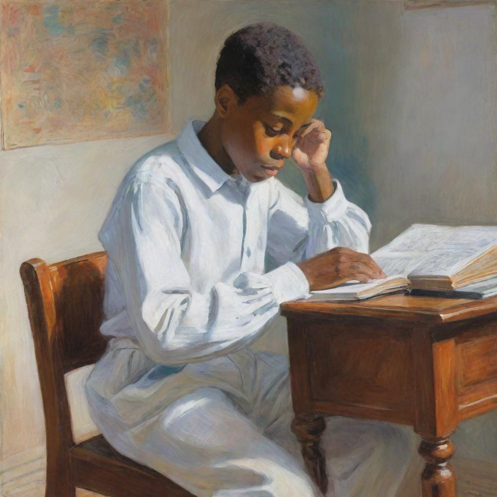 Illustration in the style of Claude Monet, depicting an African American boy dressed in white, sitting at a desk engrossed in reading a book. The setting is vibrant and impressionistic, emphasizing the serene energy of learning and curiosity.