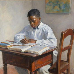 Illustration in the style of Claude Monet, depicting an African American boy dressed in white, sitting at a desk engrossed in reading a book. The setting is vibrant and impressionistic, emphasizing the serene energy of learning and curiosity.