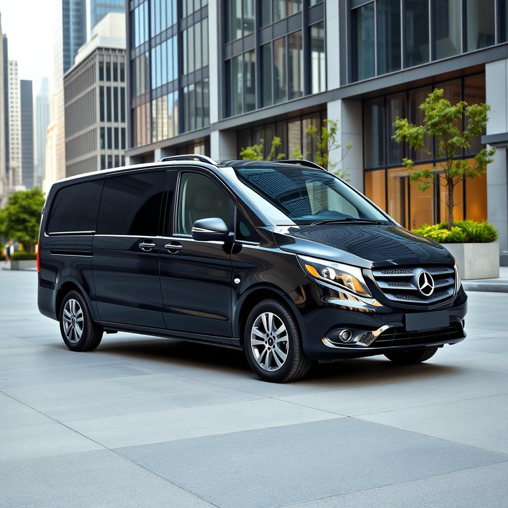 A striking Mercedes Vito van with a sleek black finish, positioned within an urban environment devoid of people