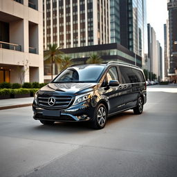 A striking Mercedes Vito van with a sleek black finish, positioned within an urban environment devoid of people