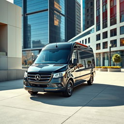 A striking Mercedes Vito van with a sleek black finish, positioned within an urban environment devoid of people