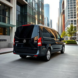 A striking Mercedes Vito van with a sleek black finish, positioned within an urban environment devoid of people