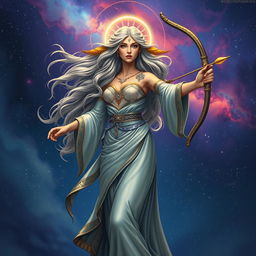 A celestial goddess representing Sagittarius, depicted as a powerful figure with long flowing hair that sparkles like the stars in the night sky