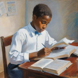 Illustration in the style of Claude Monet, depicting an African American boy dressed in white, sitting at a desk engrossed in reading a book. The setting is vibrant and impressionistic, emphasizing the serene energy of learning and curiosity.