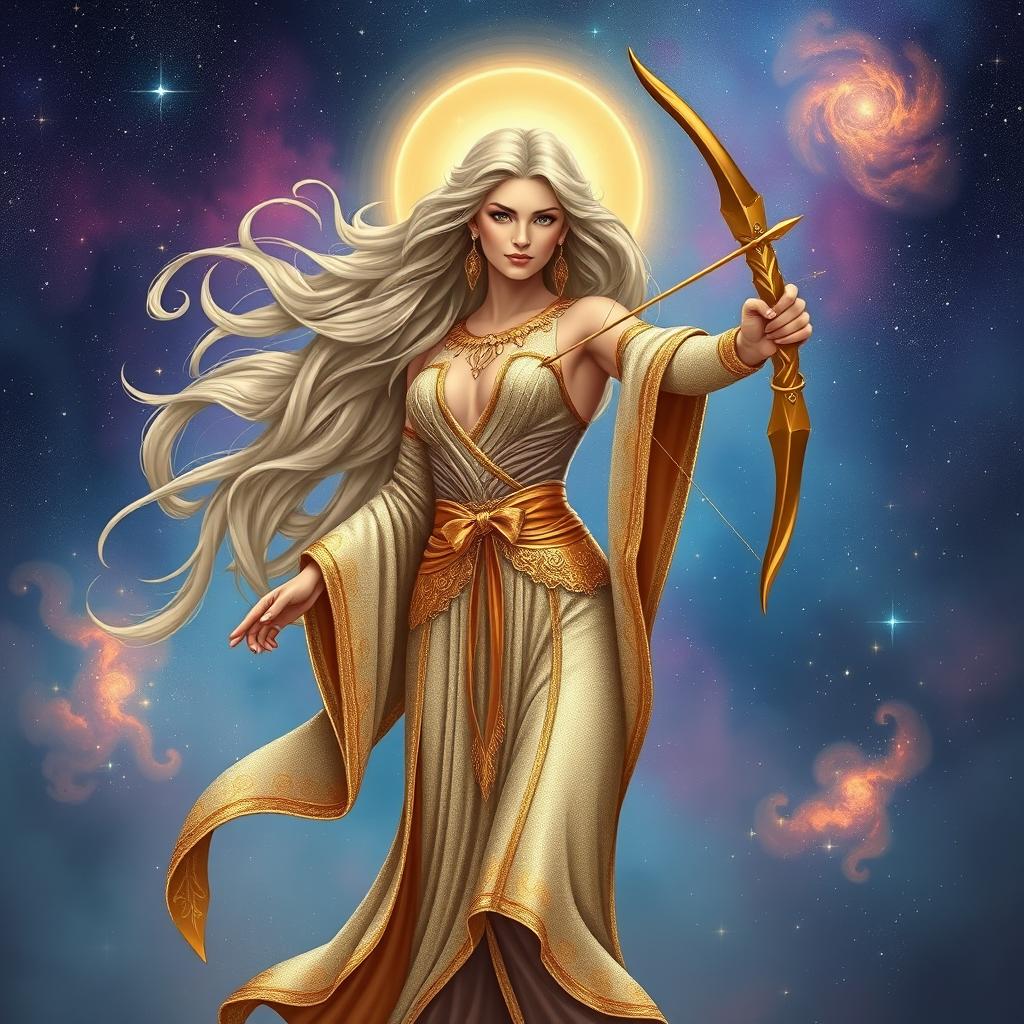 A celestial goddess representing Sagittarius, depicted as a powerful figure with long flowing hair that sparkles like the stars in the night sky