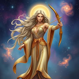 A celestial goddess representing Sagittarius, depicted as a powerful figure with long flowing hair that sparkles like the stars in the night sky