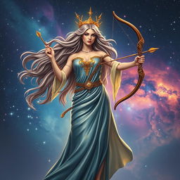 A celestial goddess representing Sagittarius, depicted as a powerful figure with long flowing hair that sparkles like the stars in the night sky