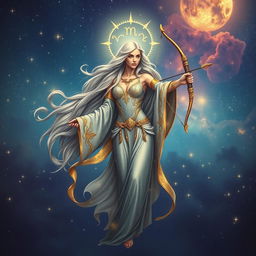 A celestial goddess representing Sagittarius, depicted as a powerful figure with long flowing hair that sparkles like the stars in the night sky