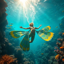 A surreal underwater scene featuring an exaggerated male character with exceptionally large fins, swimming gracefully amidst colorful corals and tropical fish