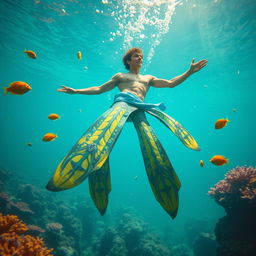 A surreal underwater scene featuring an exaggerated male character with exceptionally large fins, swimming gracefully amidst colorful corals and tropical fish